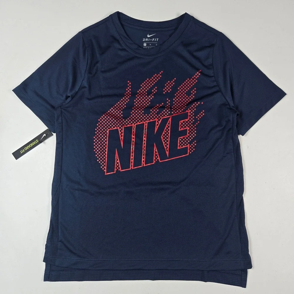 Nike Dri-FIT T-Shirt Kids Medium Navy Blue Red Graphic Logo Performance Tee